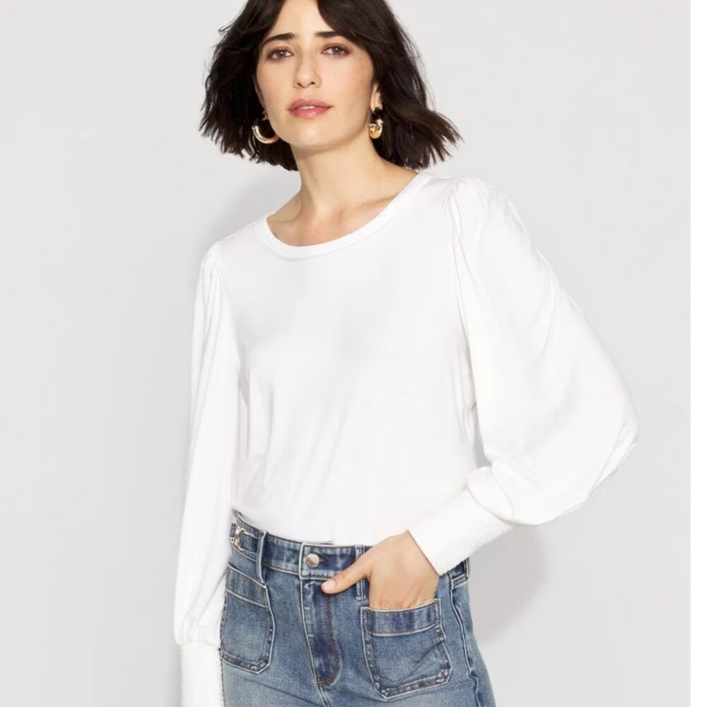 NWT - White House Black Market White Long Sleeve Tee with Smocked Cuffs